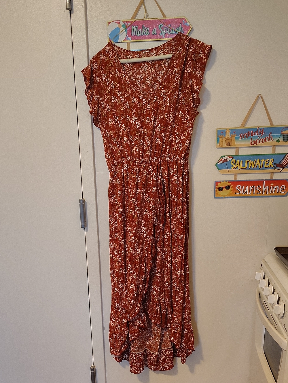 Women’s Rust Floral Maxi Dress with Ruffle Sleeves